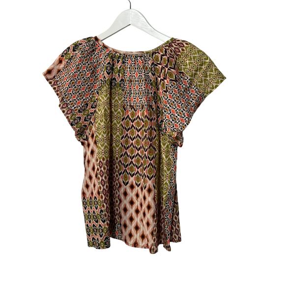 LIVERPOOL TOP WOMENS SMALL PETAL SLEEVE WOVEN GEO PRINT PINK GREEN BLOUSE NEW - Picture 2 of 11